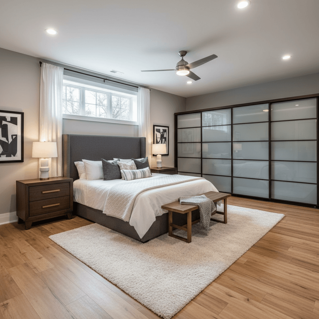 Finished basement bedroom suite with egress window and modern finishes in Maryland by Atlantic Construction