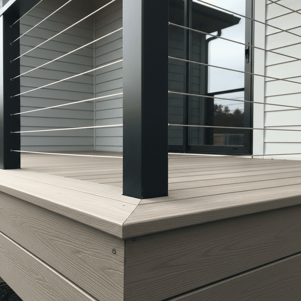 Close-up detail of modern deck corner with cable railing system and composite decking in Maryland by Atlantic Construction