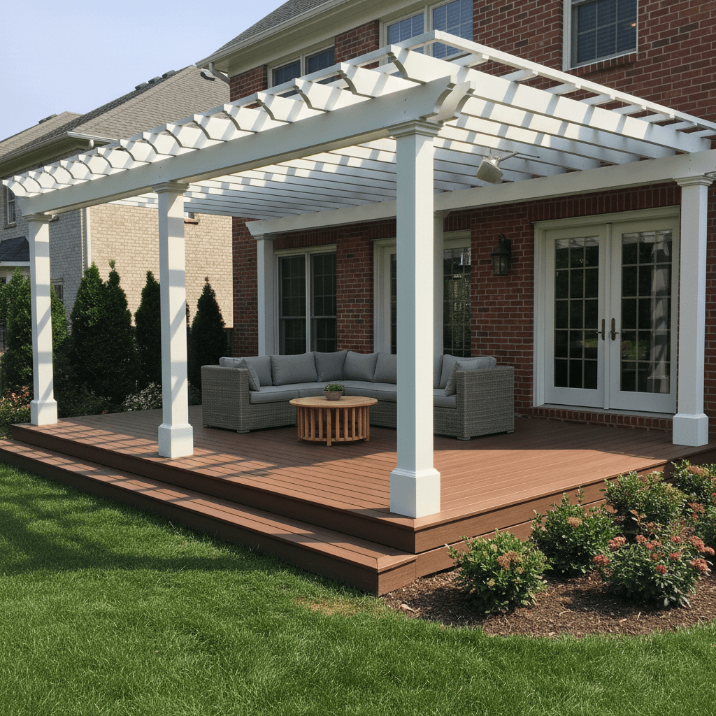 Custom composite deck with white pergola structure and outdoor furniture in Maryland by Atlantic Construction