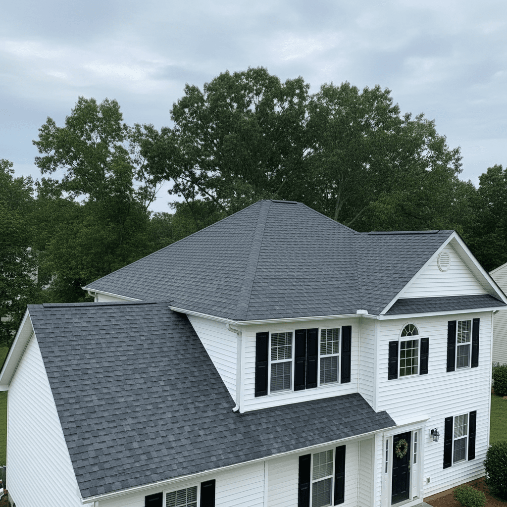 Completed residential roofing with charcoal architectural shingles in Maryland by Atlantic Construction