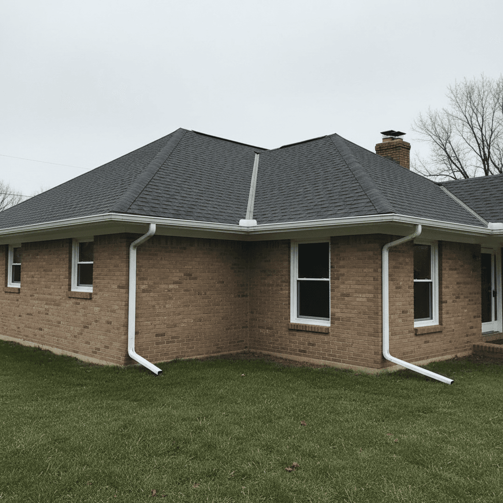 Ranch style home with completed roofing and new gutters in Maryland by Atlantic Construction