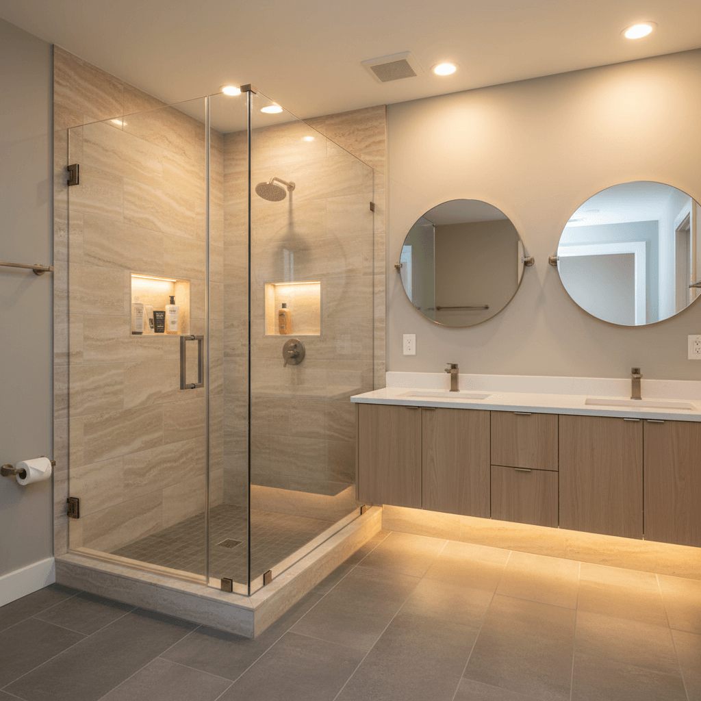 Luxury bathroom remodeling with custom tile shower and modern vanity in Maryland by Atlantic Construction