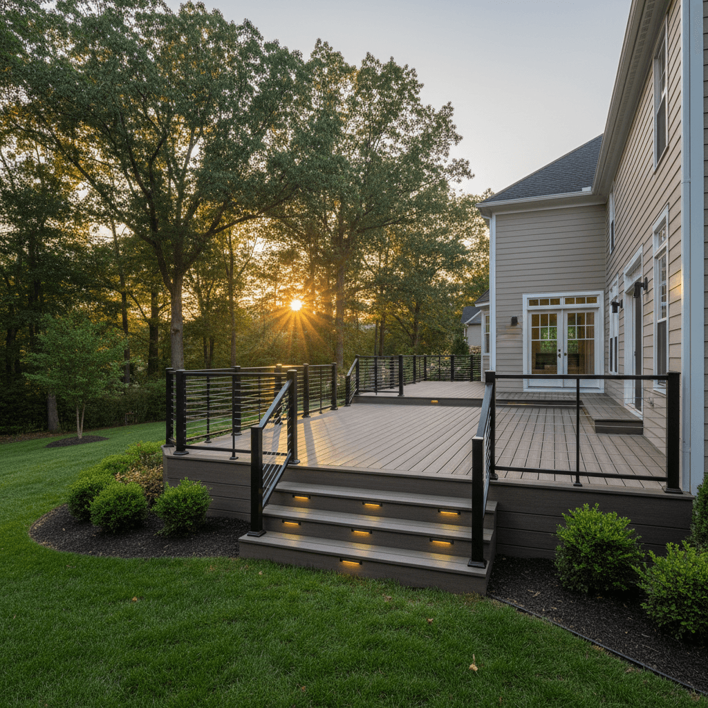 Custom composite deck construction with cable railing and LED lighting in Maryland by Atlantic Construction