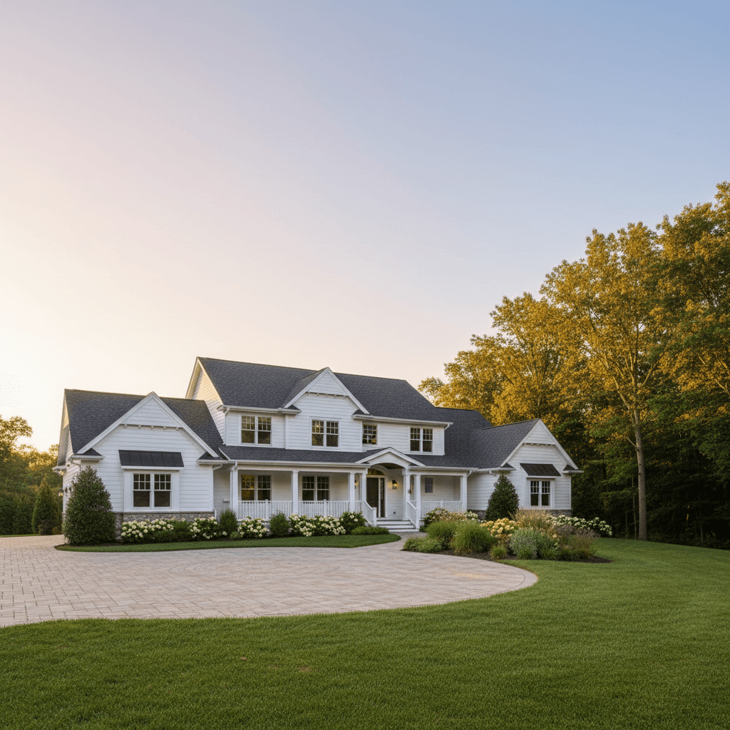 Beautiful white modern farmhouse with front porch and professional landscaping at sunset in Maryland by Atlantic Construction