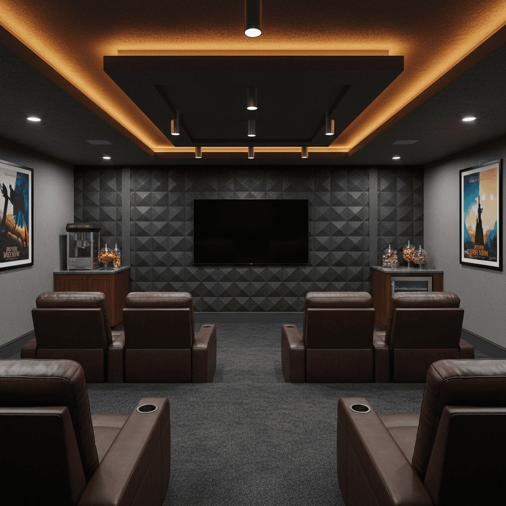 Custom basement home theater with tiered seating and acoustic panels in Maryland by Atlantic Construction