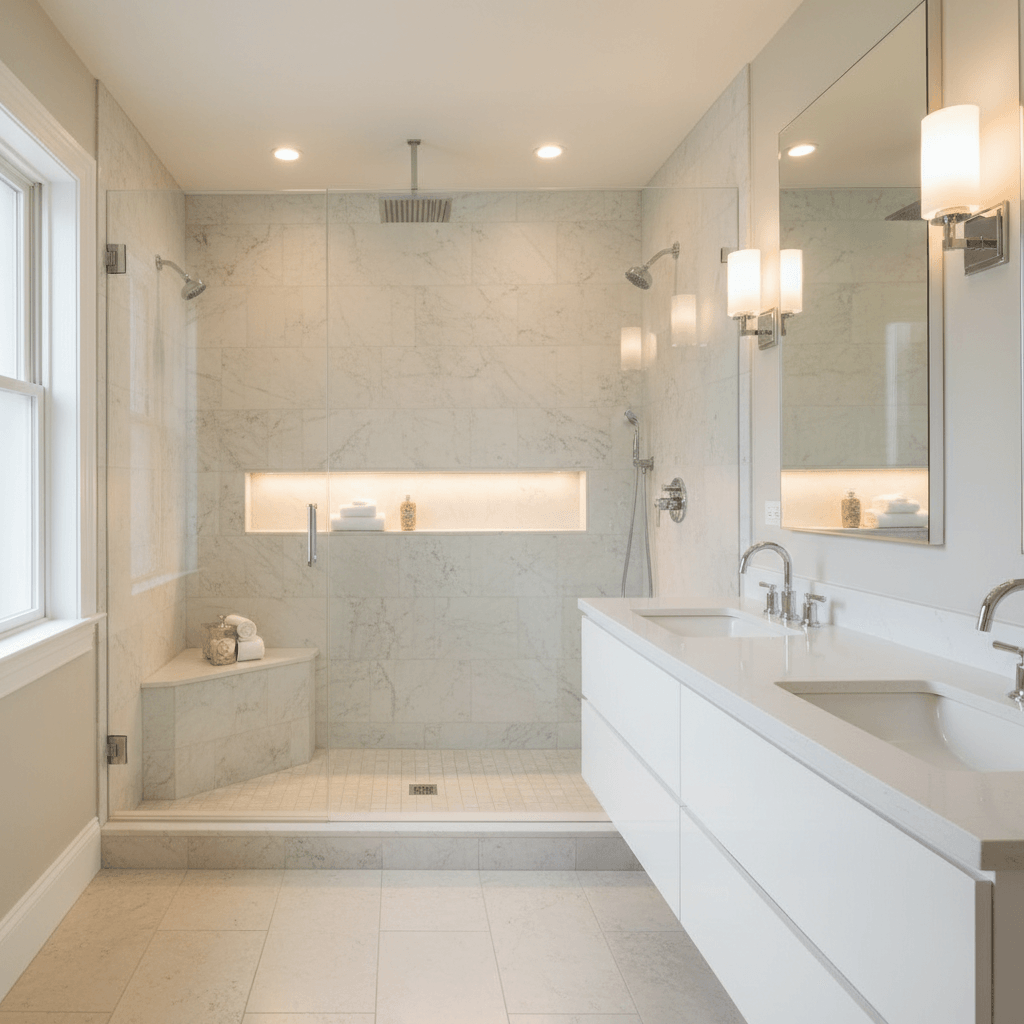 Professional luxury bathroom renovation with marble tile shower and modern fixtures in Maryland by Atlantic Construction