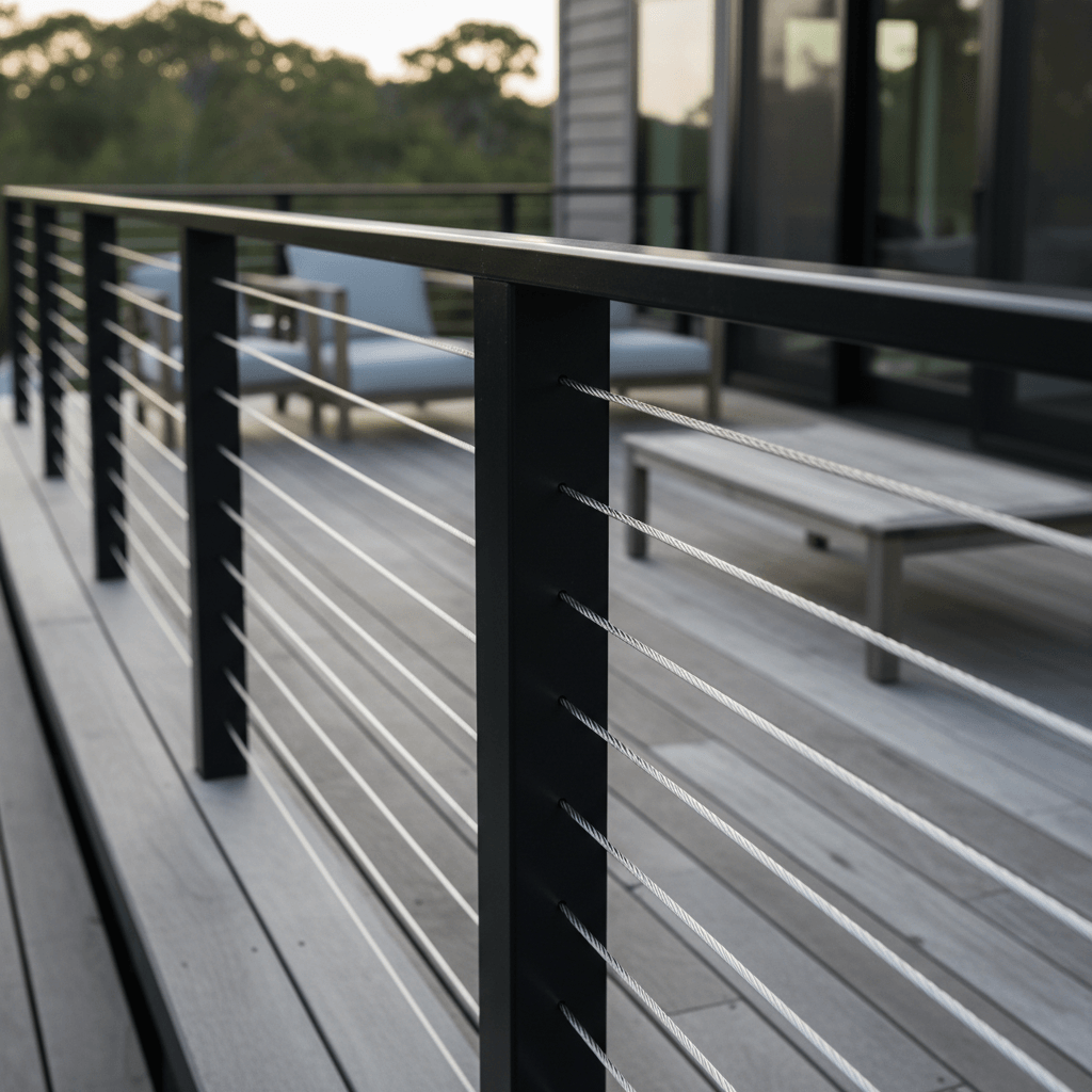 Close-up of modern black aluminum cable railing system with horizontal steel cables on residential deck by Atlantic Construction