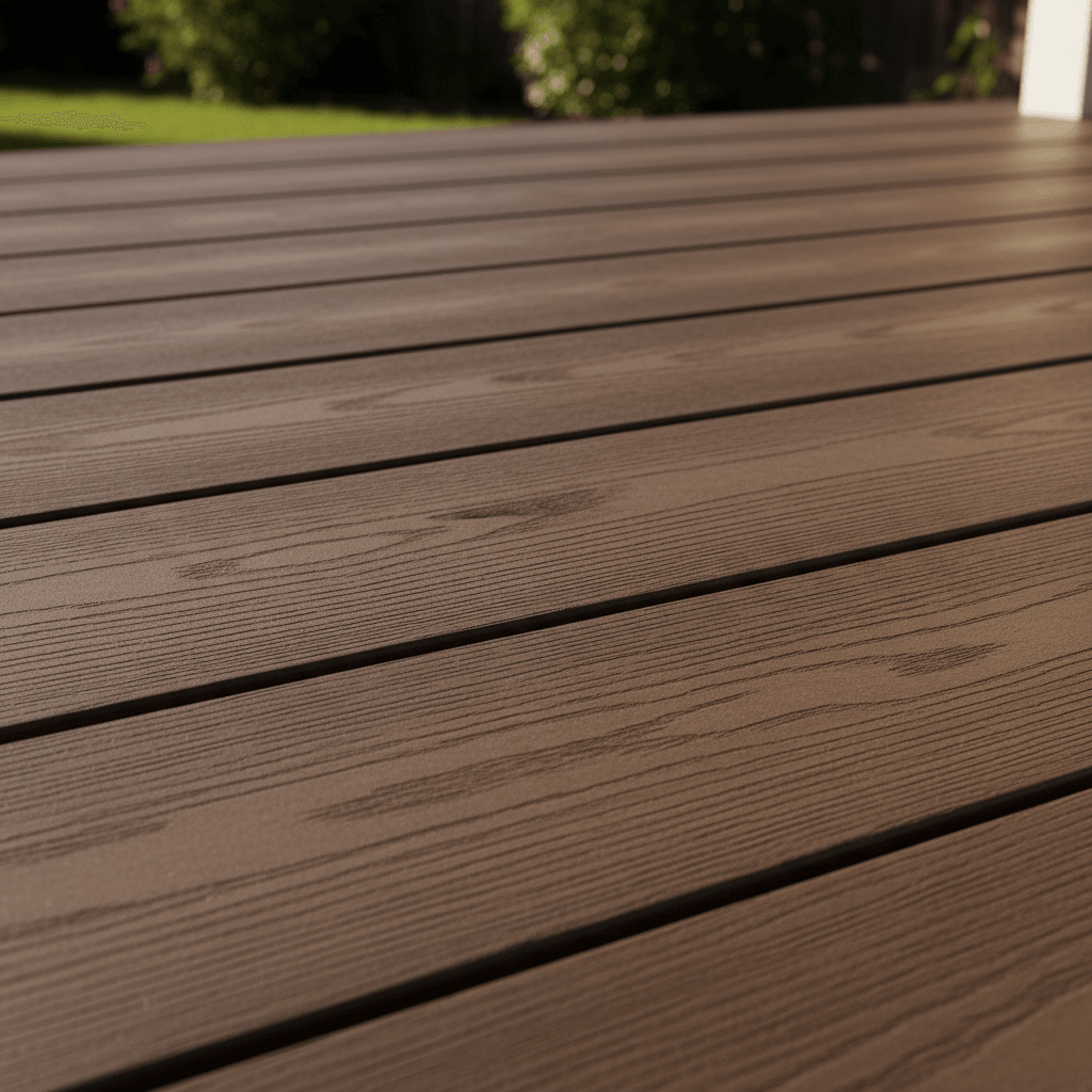 Close-up of premium composite decking boards with wood grain texture installed on residential deck by Atlantic Construction