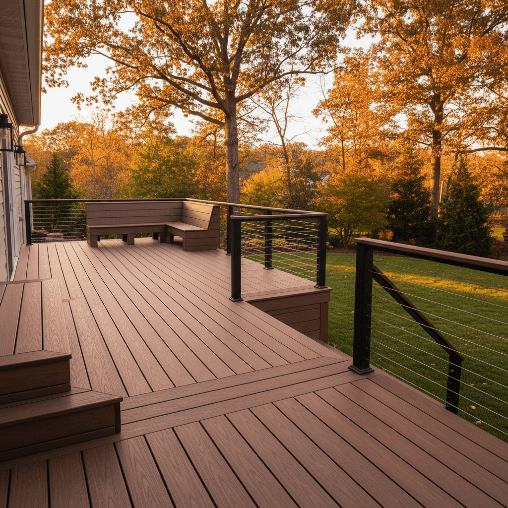Stunning modern residential deck with composite decking and cable railing system in Maryland by Atlantic Construction