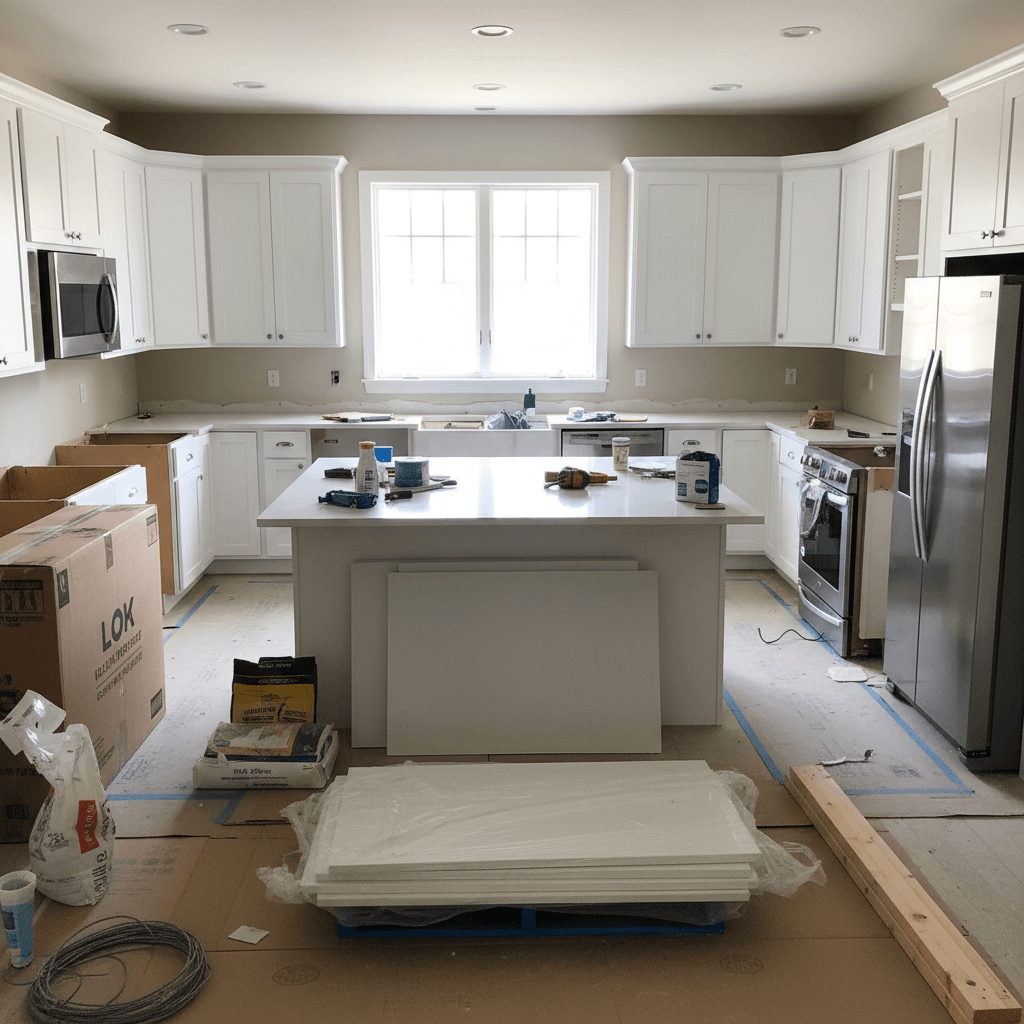 Kitchen installation phase with new white cabinets being installed