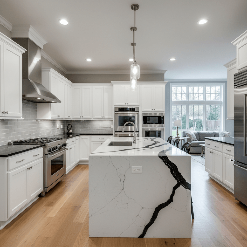 Professional luxury kitchen renovation with custom cabinets and quartz countertops in Maryland by Atlantic Construction