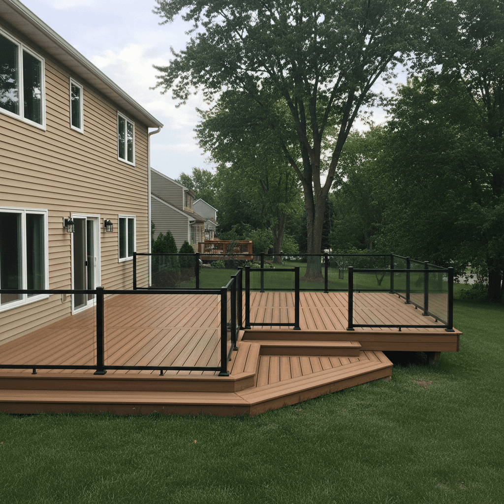 Multi-level composite deck with black aluminum and glass panel railing in Maryland by Atlantic Construction