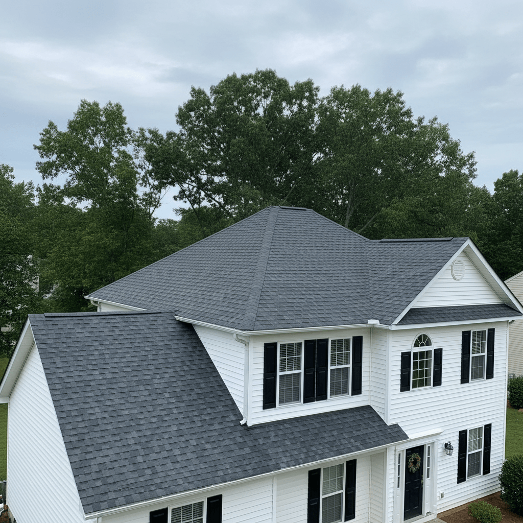 Completed residential roofing with charcoal architectural shingles in Maryland by Atlantic Construction